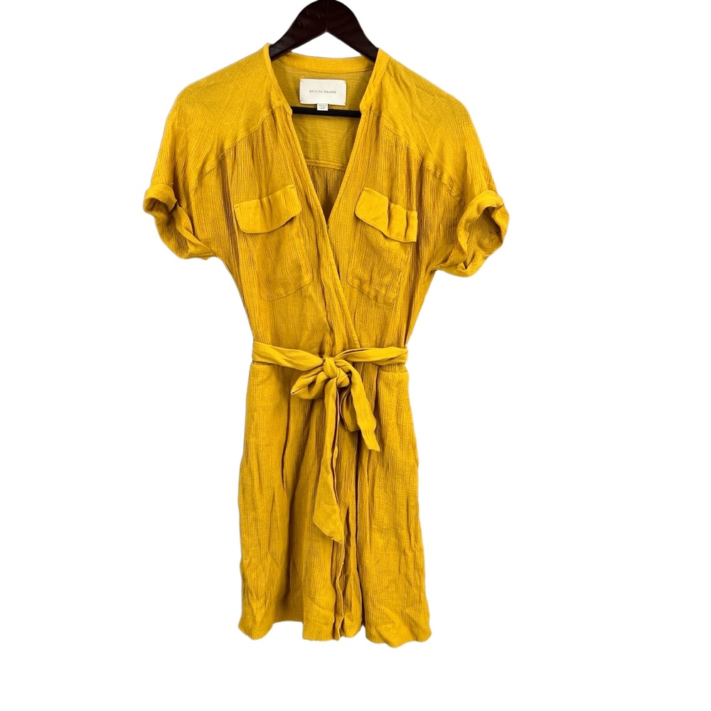 Brochu Walker Jas‎ Dress Yellow Short Sleeve Tie Waist Lightweight Faux Wrap XS